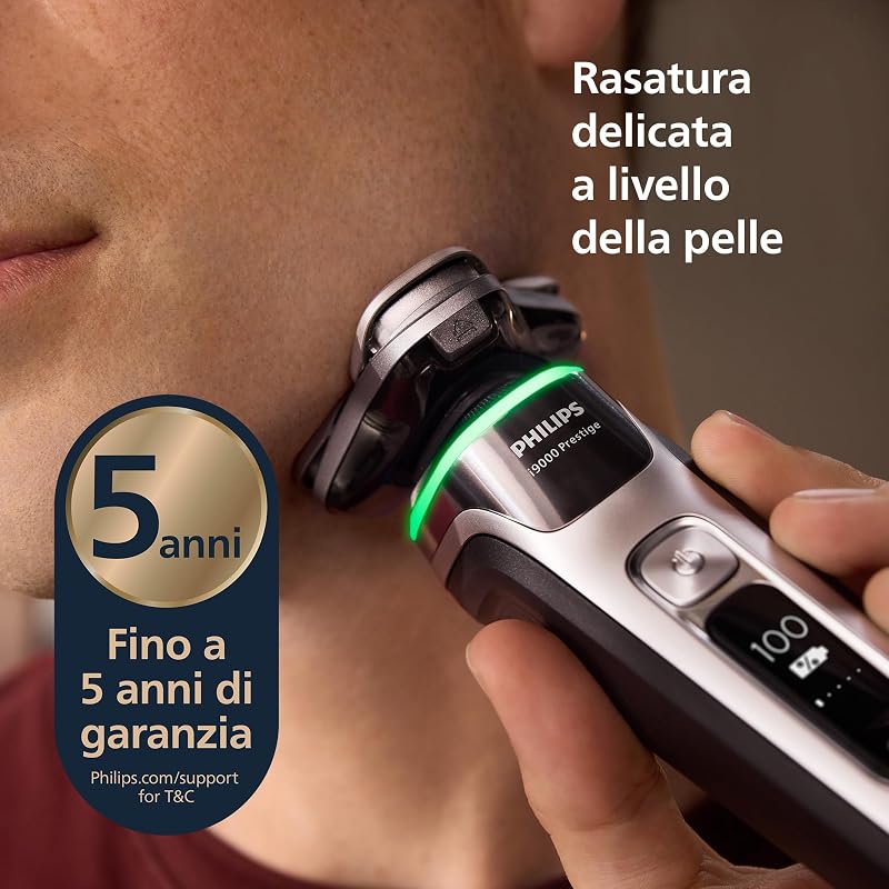 Shaver i9000 Prestige, rasoio elettrico Wet & Dry, con tecnologia Skin IQ, triplo sistema di sollevamento e taglio, doppie lame rotanti in acciaio di precisione a 360°, modello XP9205/30