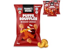 Frankie's Organic Chips - Crunchy BBQ Puff Snacks Baked, Pack of 3 x 140g - 5oz Each (Total: 420g - 14.8oz) - Vegan, Gluten-F