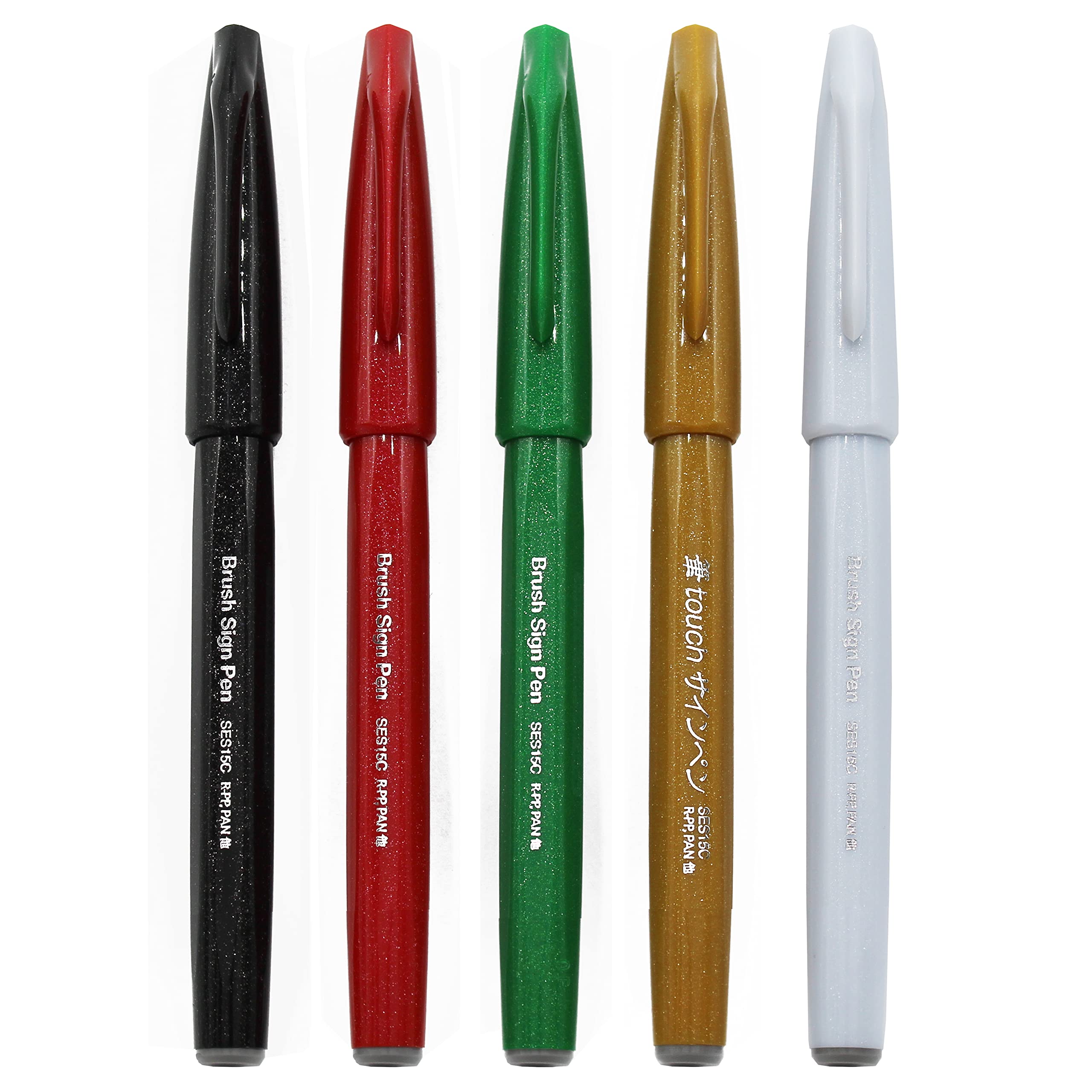 Pentel Brush Sign Pen SES15C - Calligraphy Brush Nib - Fibre Tip - Christmas Tones - Set of 5