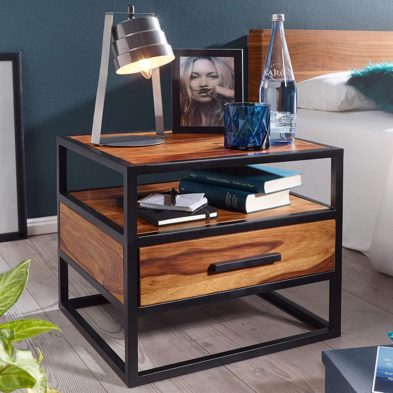 Night Console 50 X 45 X 45 Cm Sheesham Wood Metal Black Bedside Table Nightstand With Drawer Industrial Design Industrial Bedside Table Bed Nightstand Nightbox Brown Amazon Co Uk Kitchen Home