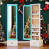 HNEBC LED Jewelry Cabinet Standing, Full Length Mirror with Storage/3 Color Adjustable LIghts, Jewelry Armoire has 3 Photo Frames/4 Shelfs/1 Drawer,Space-Saving Organizer,Christmas Gifts for Women