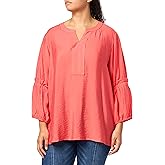 MULTIPLES Women's Three Quarters Bell Sleeve Y-Neck Band Collar Top
