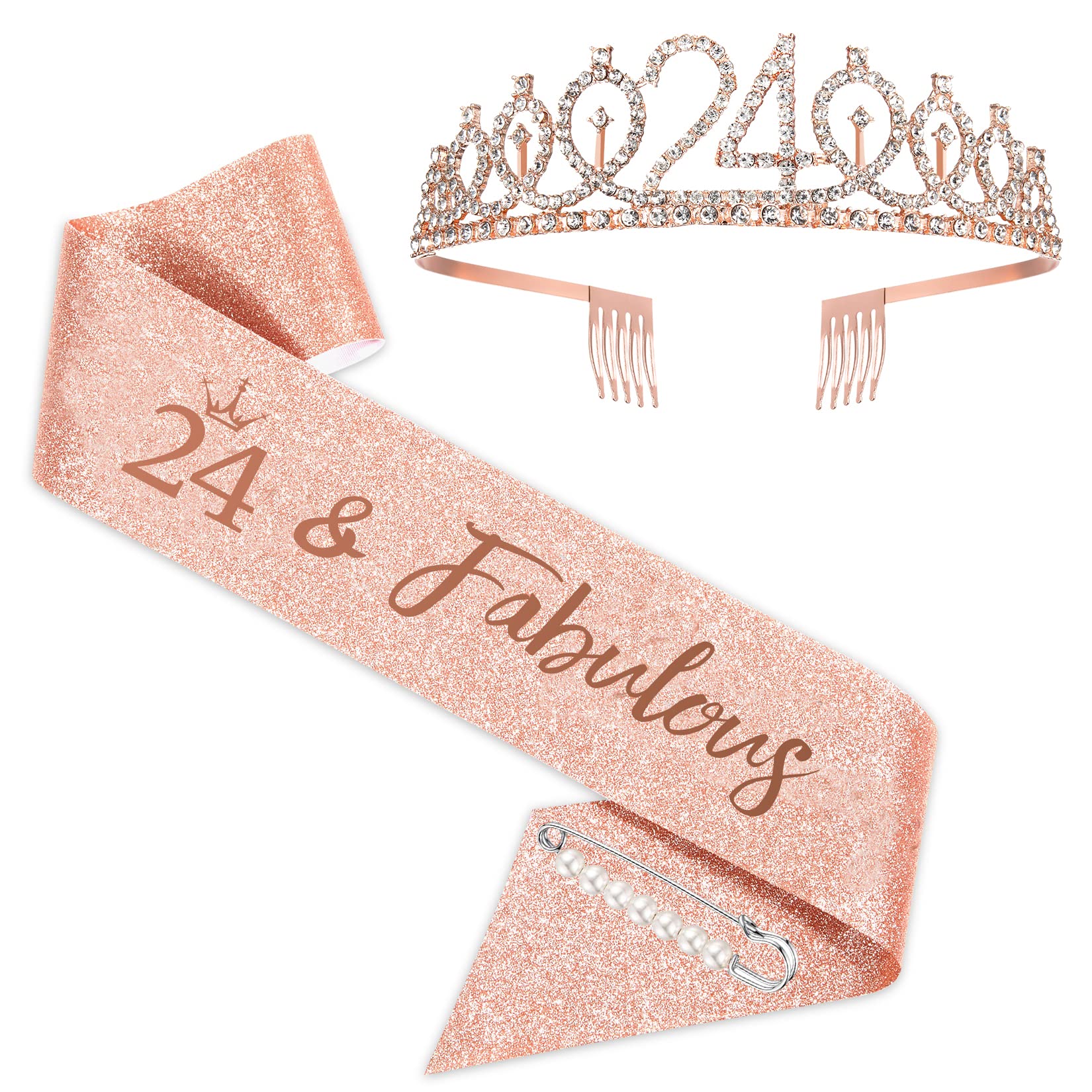 SZHUIHER 24th Birthday Sash and Tiara for Girls, Rose Gold Birthday Sash Crown 24 & Fabulous Sash and Tiara for Girls, 24th Birthday Gifts for Happy 24th Birthday Party Favor Supplies
