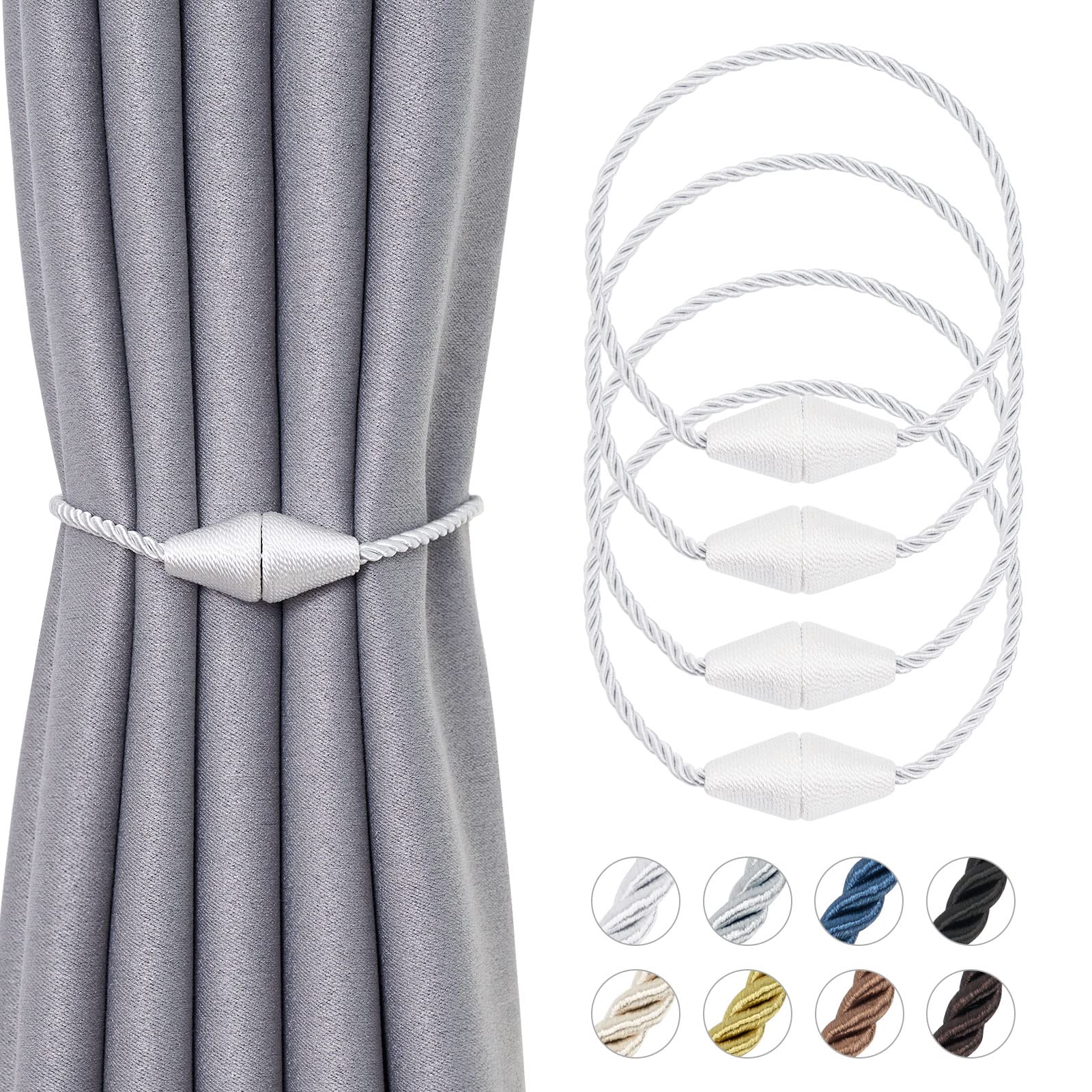 Pretty Jolly 4 Pack Upgrade Magnetic Curtain Tiebacks 16 Inch Handmade Weave Rope Curtain Holdbacks Convenient Decorative Cone Curtain Drape Tie Backs for Home & Office Window Drapery (New White)