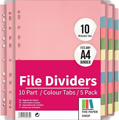The Paper Shop A4 10 Part File Dividers Pack of 5