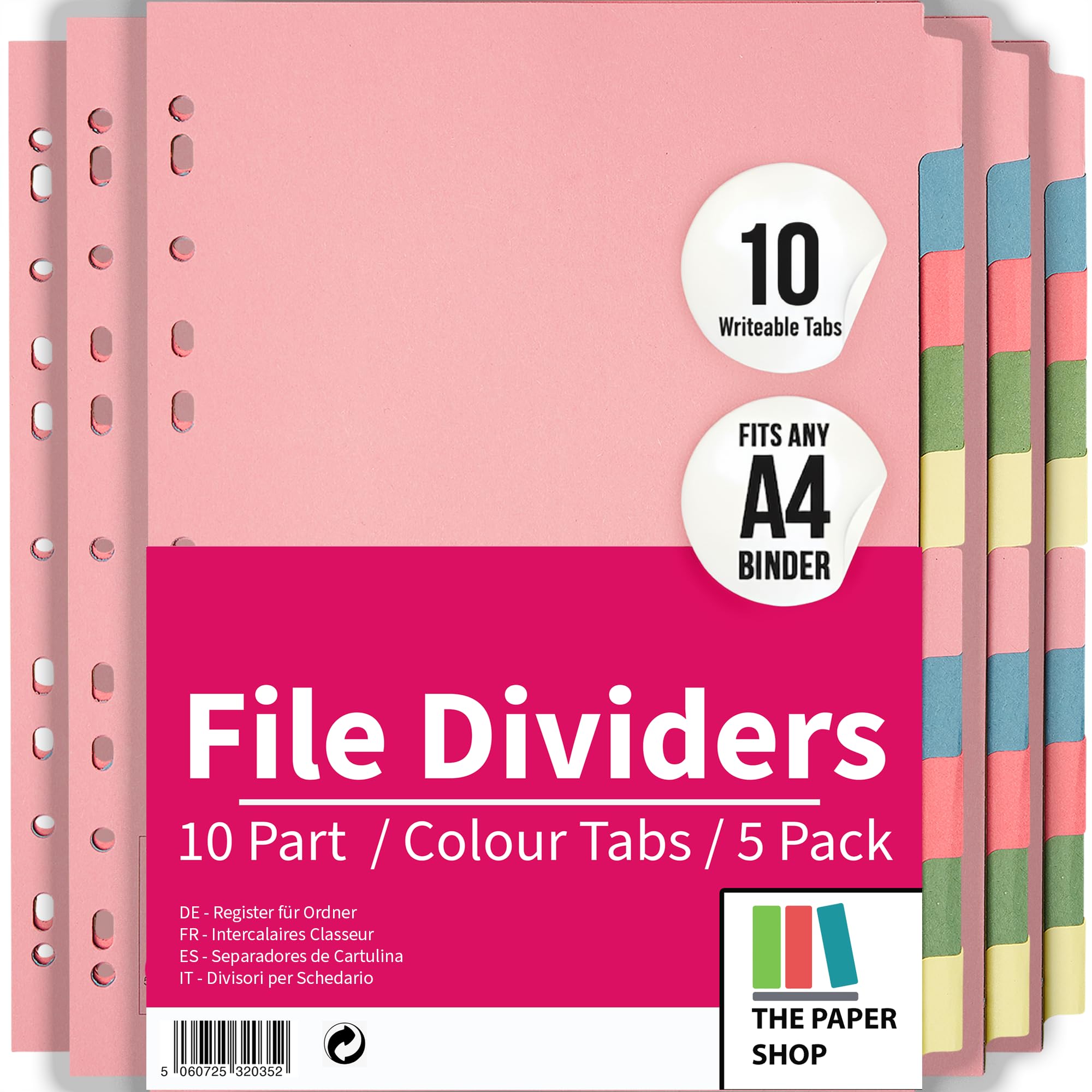 File Dividers A4, 10 Part Folder Dividers for Ring Binders & Lever Arch Files (5 Pack) Binder and Subject Dividers with Writeable Coloured Index Tabs - The Paper Shop