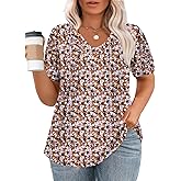 VISLILY Womens-Plus-Size-Summer-Tops Casual V Neck T Shirts Dressy Puff Short Sleeve Tunics Tee Cute Pleated Blouses XL-5XL