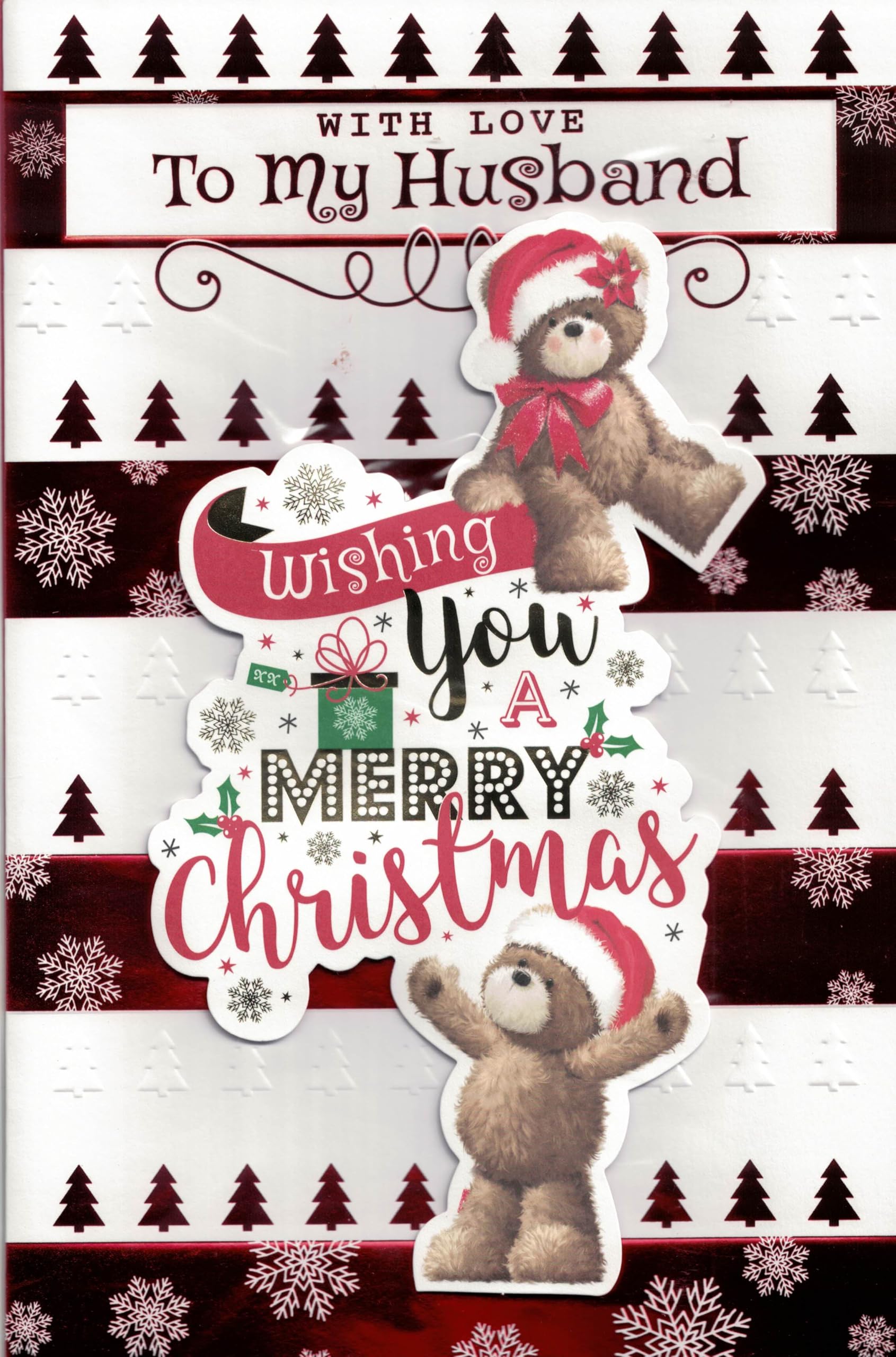 To My Husband Christmas Card – Large Luxury 8-Page Insert with Verse – Cute Teddy Bear Design with Gifts & Festive Detailing – Special Xmas Greeting Card for Husband