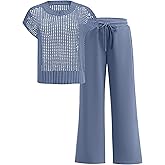ANRABESS Women Two Piece Outfits Crochet Sheer Knit Sweater Top Wide Leg Pants Lounge Matching Sets Sweatsuit Travel Clothes