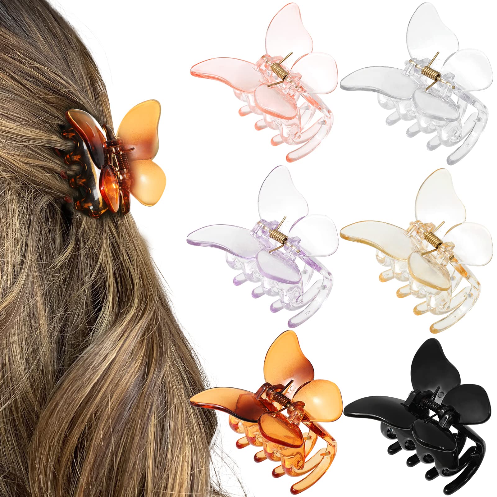 Photo 1 of 6PCS Hair Claw Clips Set for Women and Girls - 2 Inch Butterfly Jaw Clips for Thick Hair and Strong Hold (Translucent: Black, Brown, Purple, Orange, Yellow, Transparent)