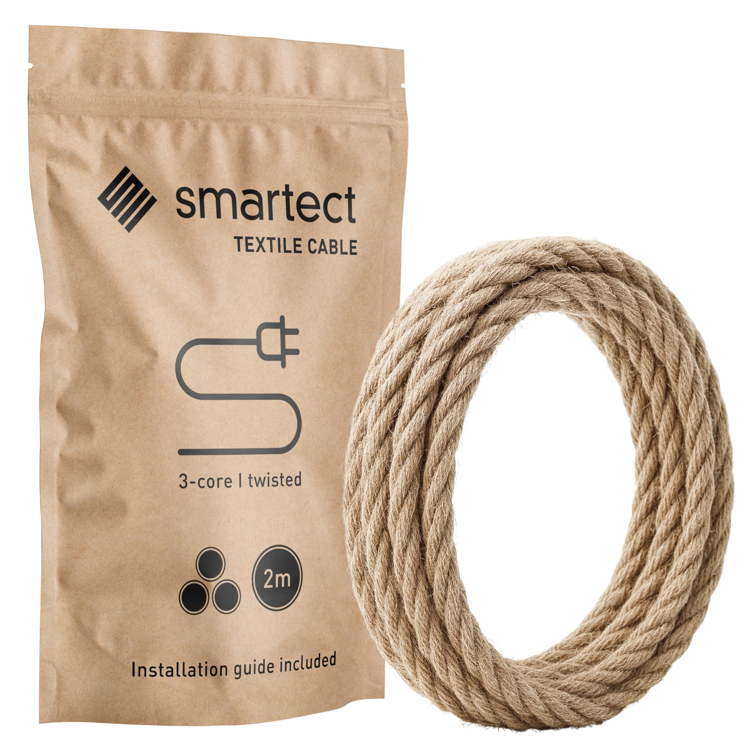 smartect Braided Cable twisted, Jute, 2 Metres 3 Core Electrical Cable (3 x 0.75mm²) Vintage Fabric Electrical Wire for your DIY project