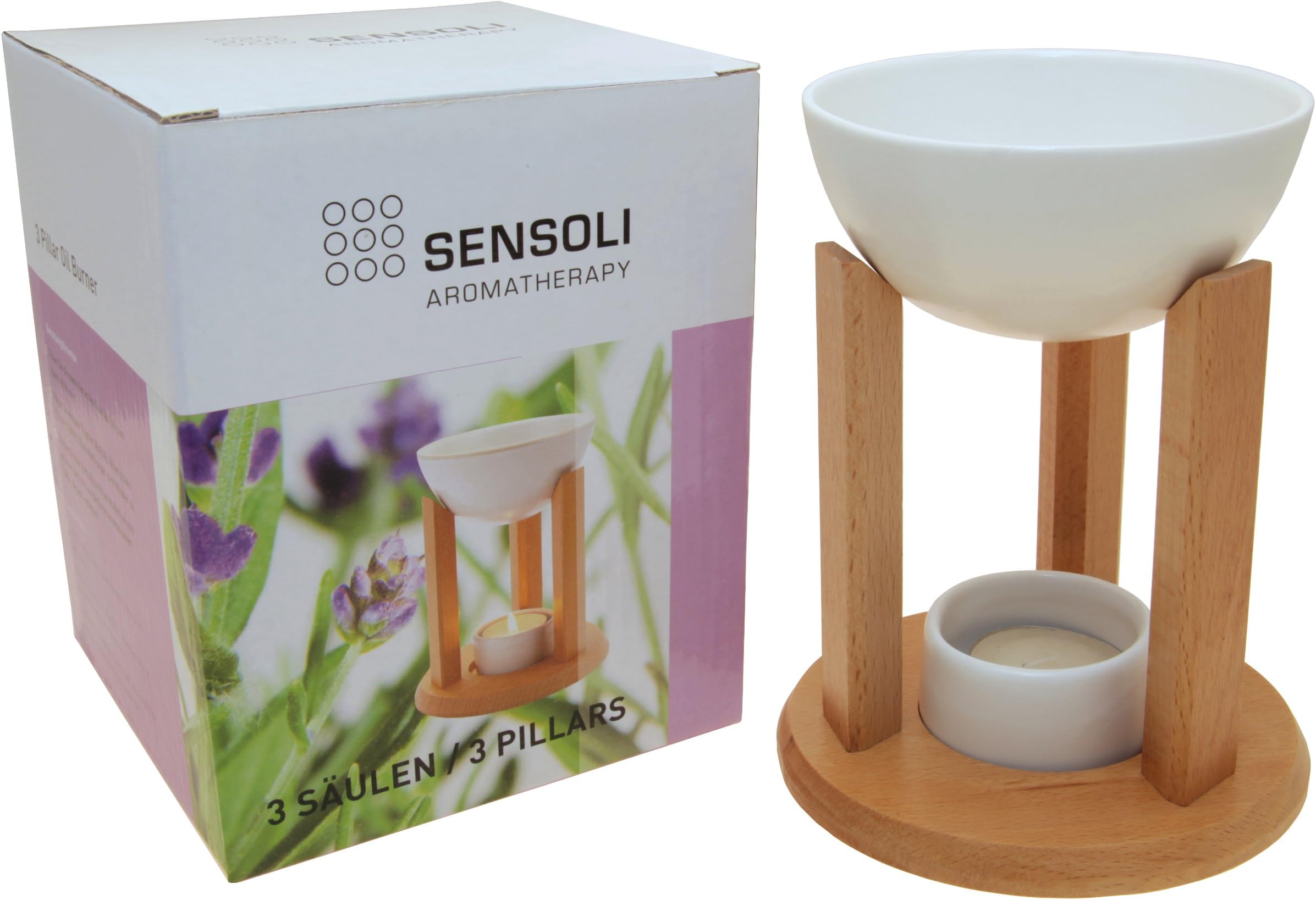 SENSOLI 3 Pillar Oil Burner – Solid Wood with Large Ceramic Bowl - to Diffuse Essential Oils and Wax Melts