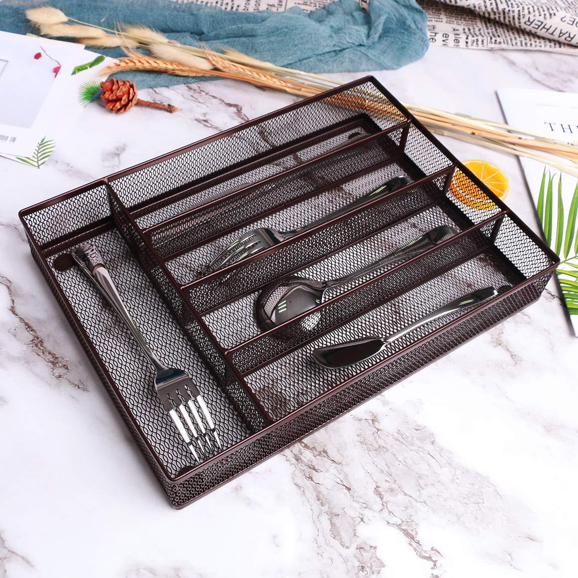 QZDJG Flatware Tray Utensil Drawer Organizer Kitchen Utensil Cutlery Tray Mesh Designing with Foam Feet Multi Compartments Keep Desk Drawer and Office Supplies Well Organized (Brown)