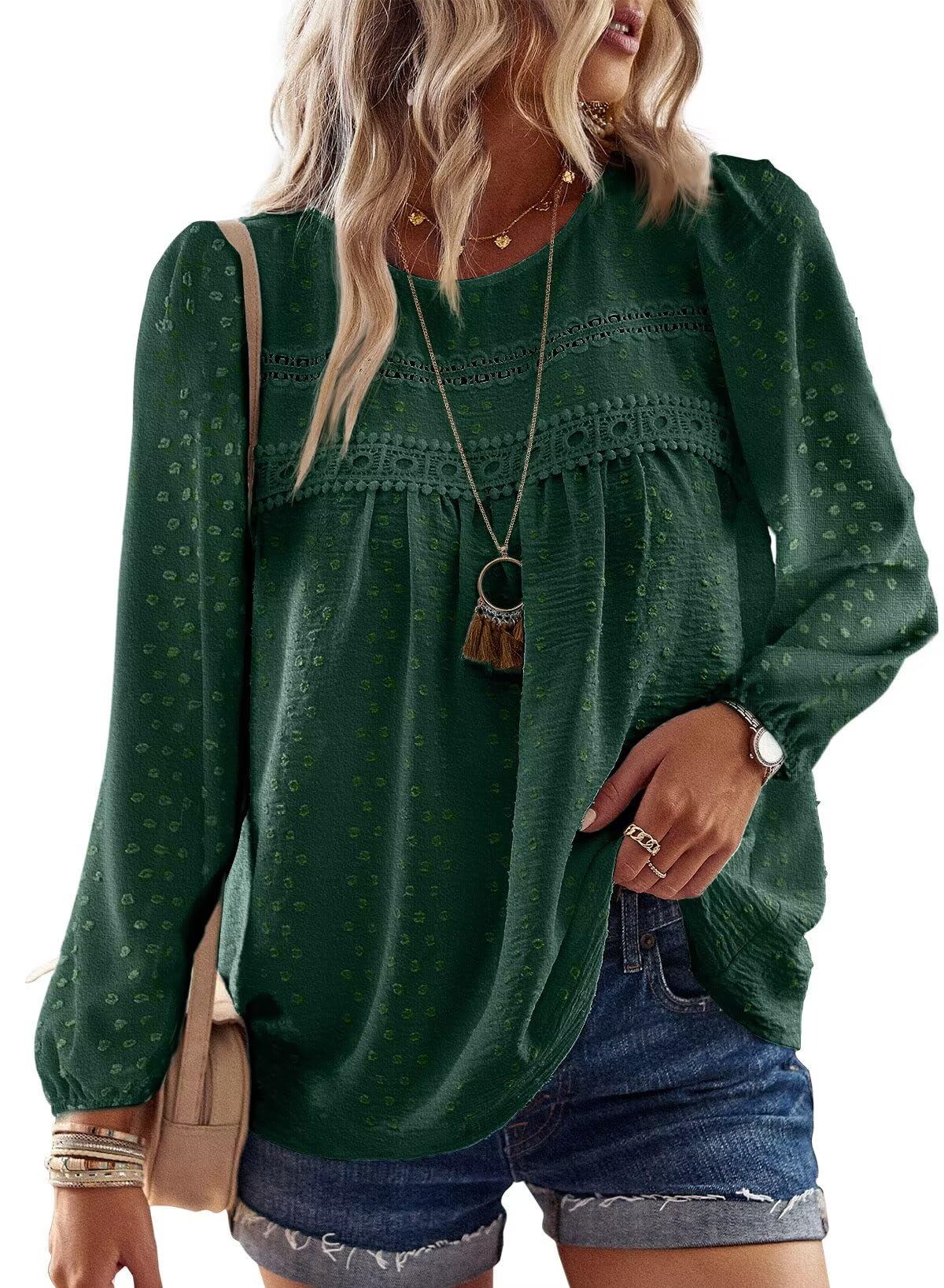 Falechay Womens Fall Tops Round Neck Hook Flower Casual Blouses for Women Dressy Casual Swiss Dot Dark Green XS Image