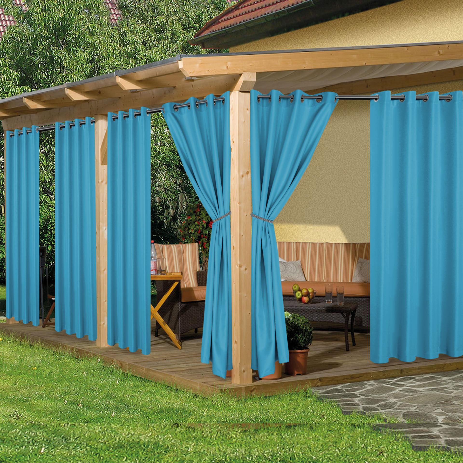 HolidayIdeas Waterproof Outdoor Curtains for Patio, 6 Panels - 54x108 Inches - Weatherproof Privacy Outsides Curtains for Backyard Porch Gazebo, Sunlight & UV Blocking (Teal, Grommet Top) Image