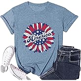 Women Summer Sunflower T Shirt 4th of July American Flag Patriotic Shirt USA Stars Stripes Print Tops
