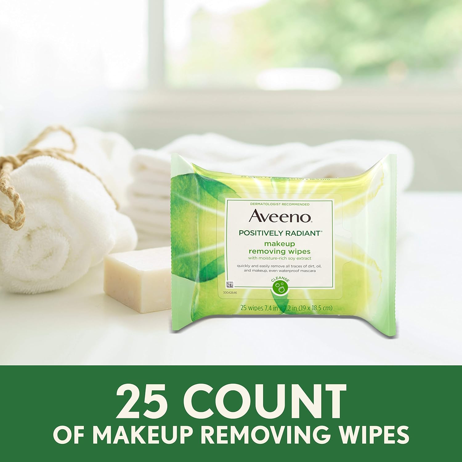 Aveeno Positively Radiant Oil-Free Makeup Removing Facial Cleansing Wipes to Help Even Skin Tone & Texture with Moisture-Rich Soy Extract, Gentle & Non-Comedogenic, 25 ct.: Beauty