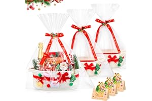Funnymoom 3 Set Christmas Gift Basket Empty Small Woven Basket with Gift Bag Bow Ribbon Xmas Card 12" x 8" x 5" Cotton Rope Storage Bin with Handle for Christmas Holiday Decoration(White,Bow)