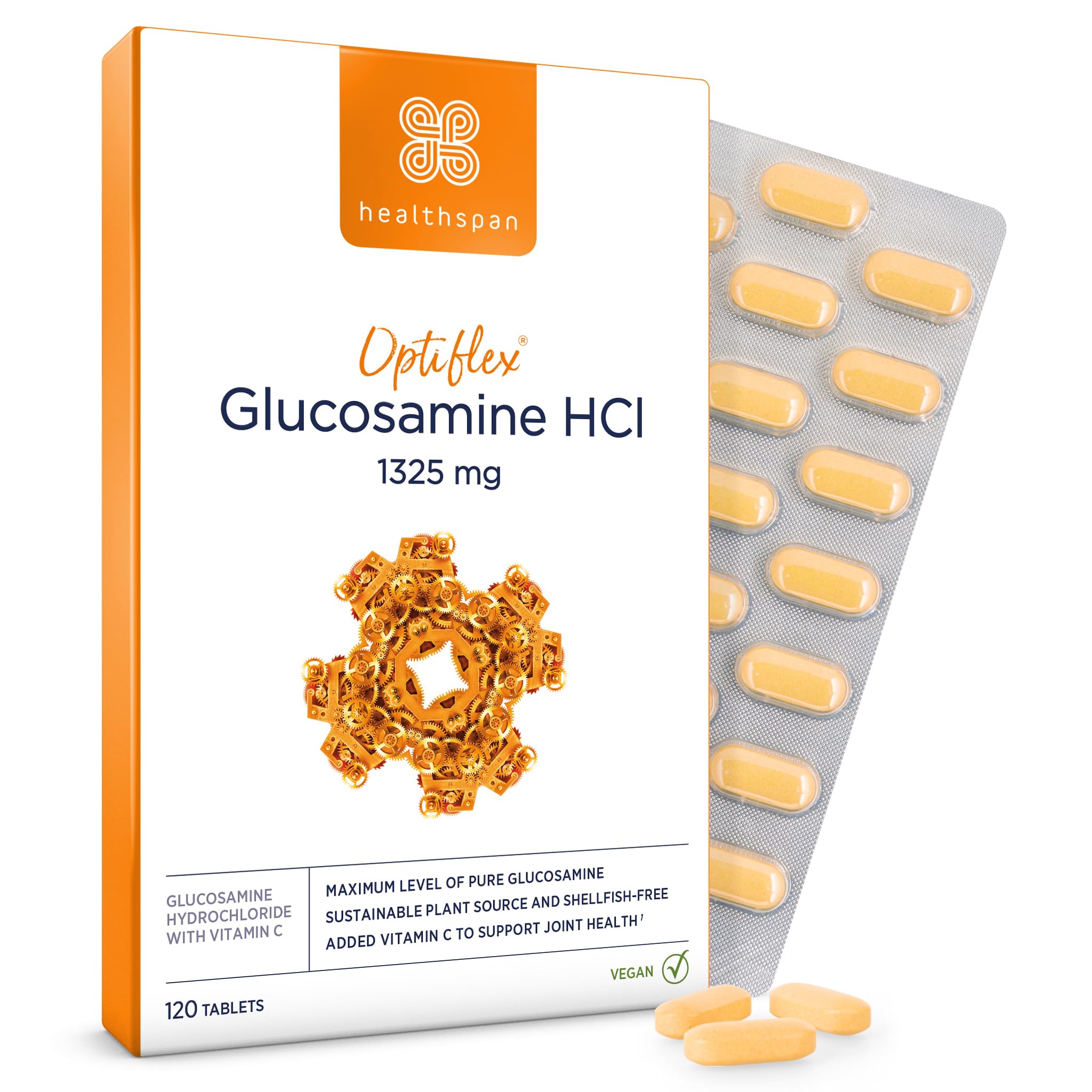 Healthspan Optiflex Glucosamine HCI 1,325mg with Vitamin C | Shellfish Free Vegan Tablets for Joint Health | 40% More glucosamine Than Glucosamine Sulphate | Added Vitamin C (120 Tablets)