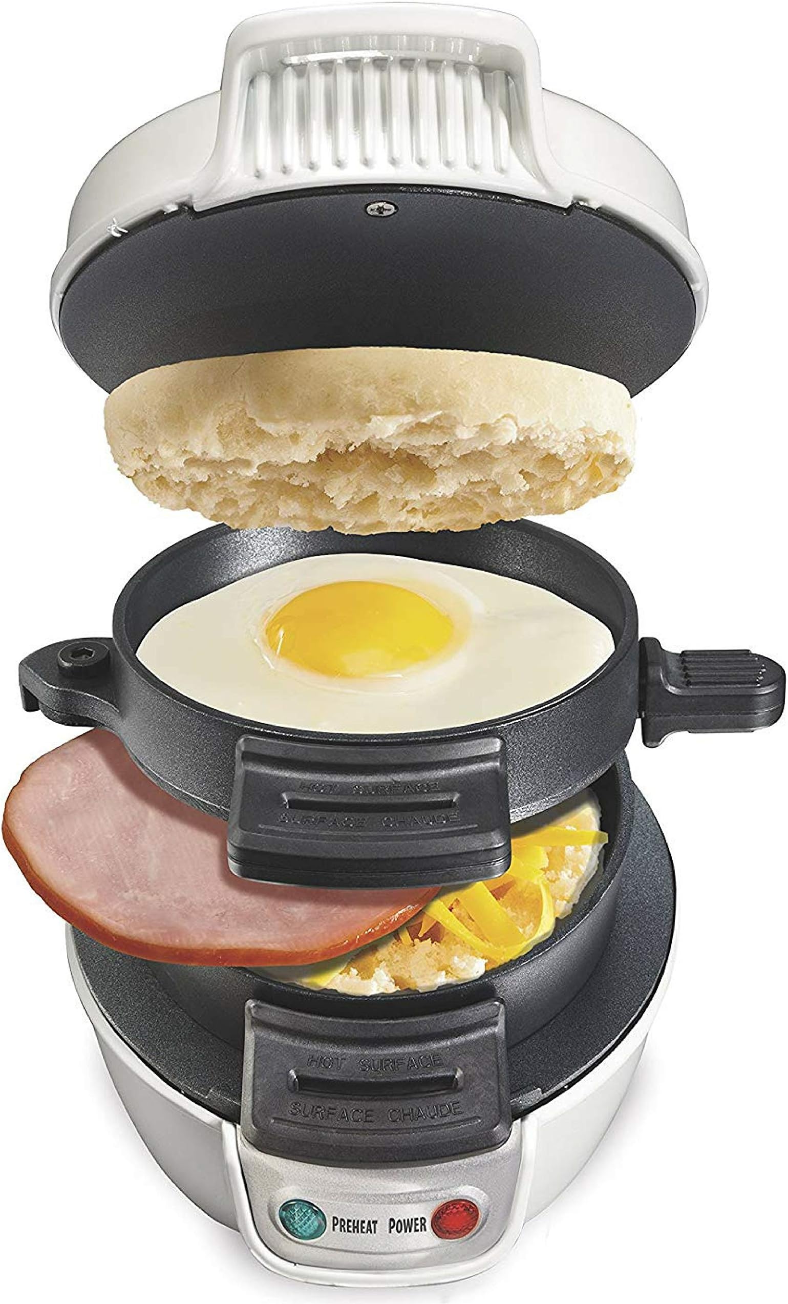 Pheebs Breakfast Sandwich Maker and Adjustable Burger & English Muffins, Biscuits, Small Bagels Maker with Cool Touch Handle and Lid Lock, White (with User Manual)