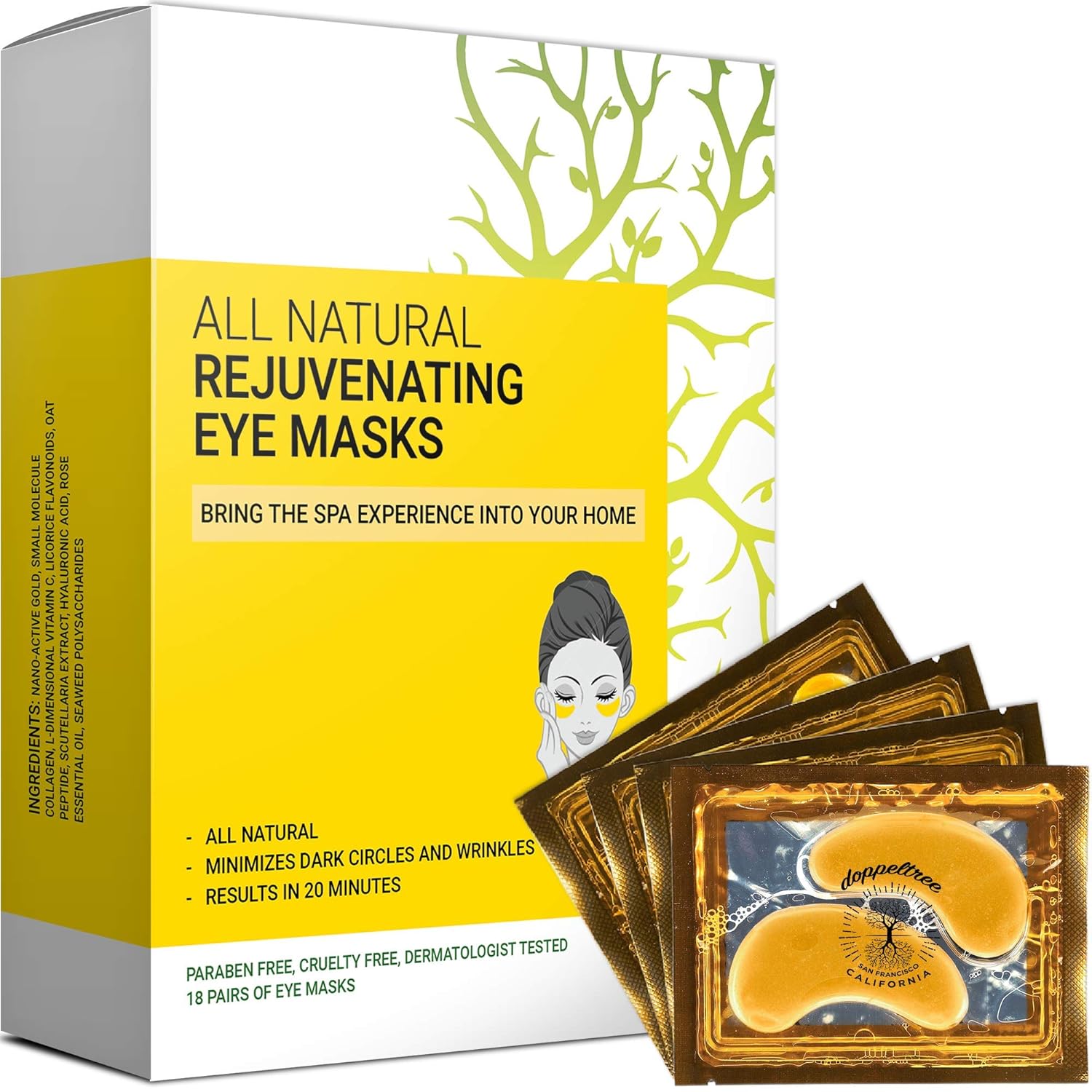 All Natural Under Eye Patches & Masks (18 Pairs) - Anti Aging Treatment for Bags, Puffiness, Wrinkles, & Dark Circles - 24K Gold, Collagen, Hyaluronic Acid, Hydrogel - Formulated in San Francisco : Beauty