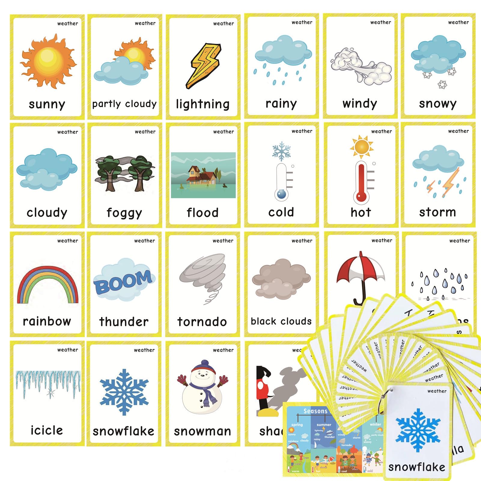 24 Pcs Weather Flash Cards, Learning First English Word Cards, for Home school ESL Teaching Aid Materials, Teacher/Autism Therapists Tools