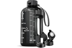 AQUAFIT 64 oz Water Bottle With Time Marker - Straw & Chug Lids - Half Gallon Water Bottle With Straw - BPA-Free Gym Water Bottle With Handle, Water Jug, Bike Water Bottles (Gray)