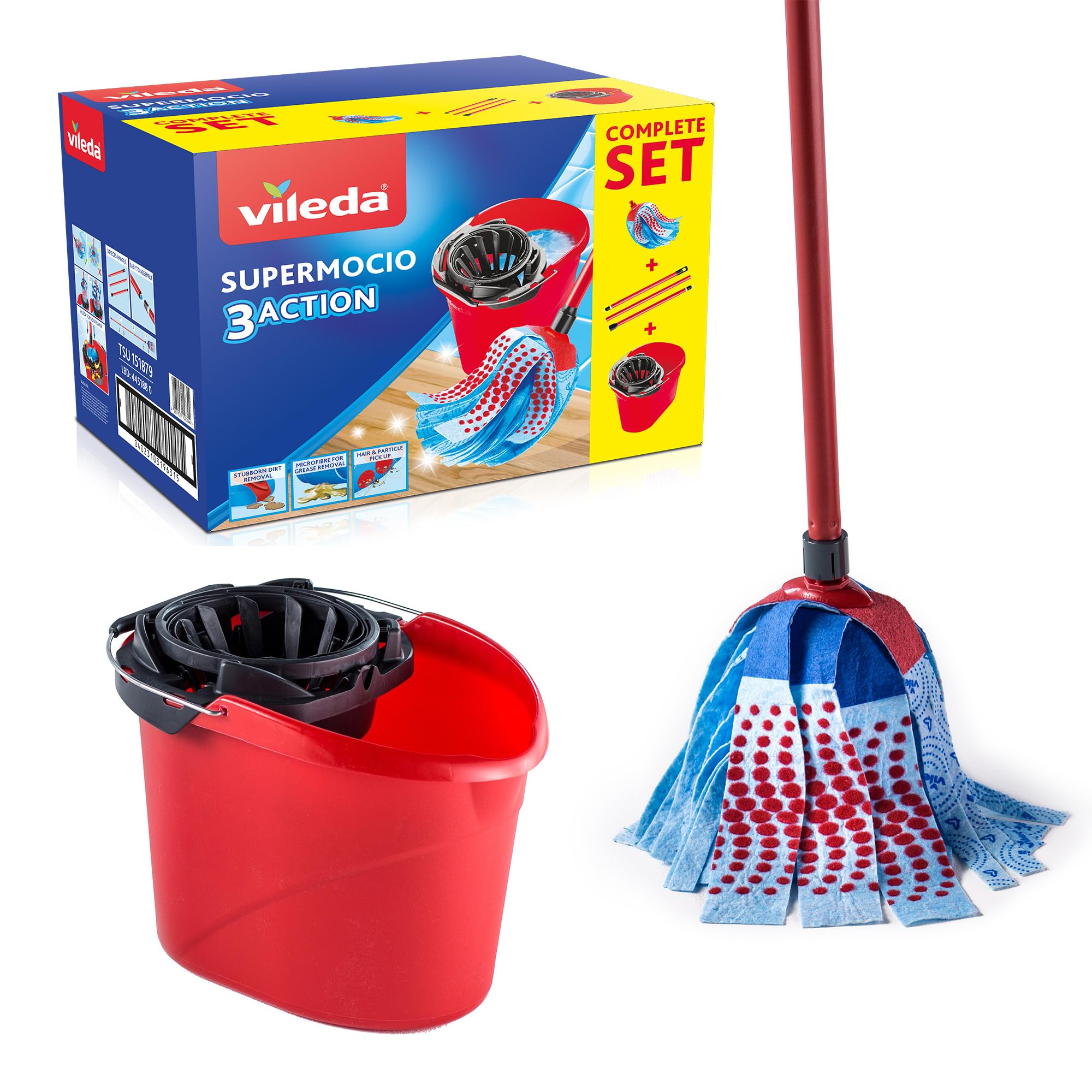 Vileda SuperMocio 3Action XL Mop & Bucket Set | Deep‑Cleaning Power Zones Remove Stubborn Dirt | 3‑in‑1 XL Mop Head with Advanced Microfibre Technology | Includes Torsion Wringer for Faster Drying