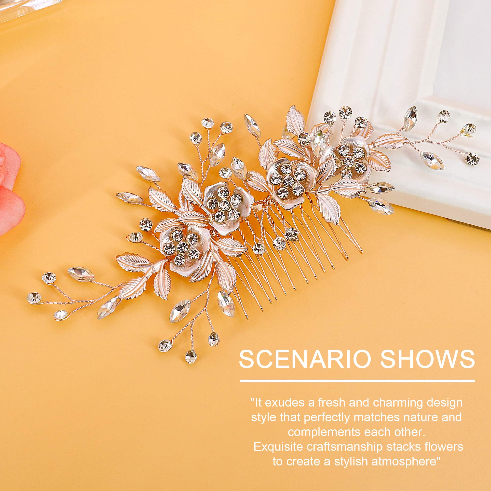 Flower Hair Clip Barrate Birthday Wedding Prom Girl Women Hair Piece Accessory, Leaf Paves, Rose Gold (Rose Gold #2)