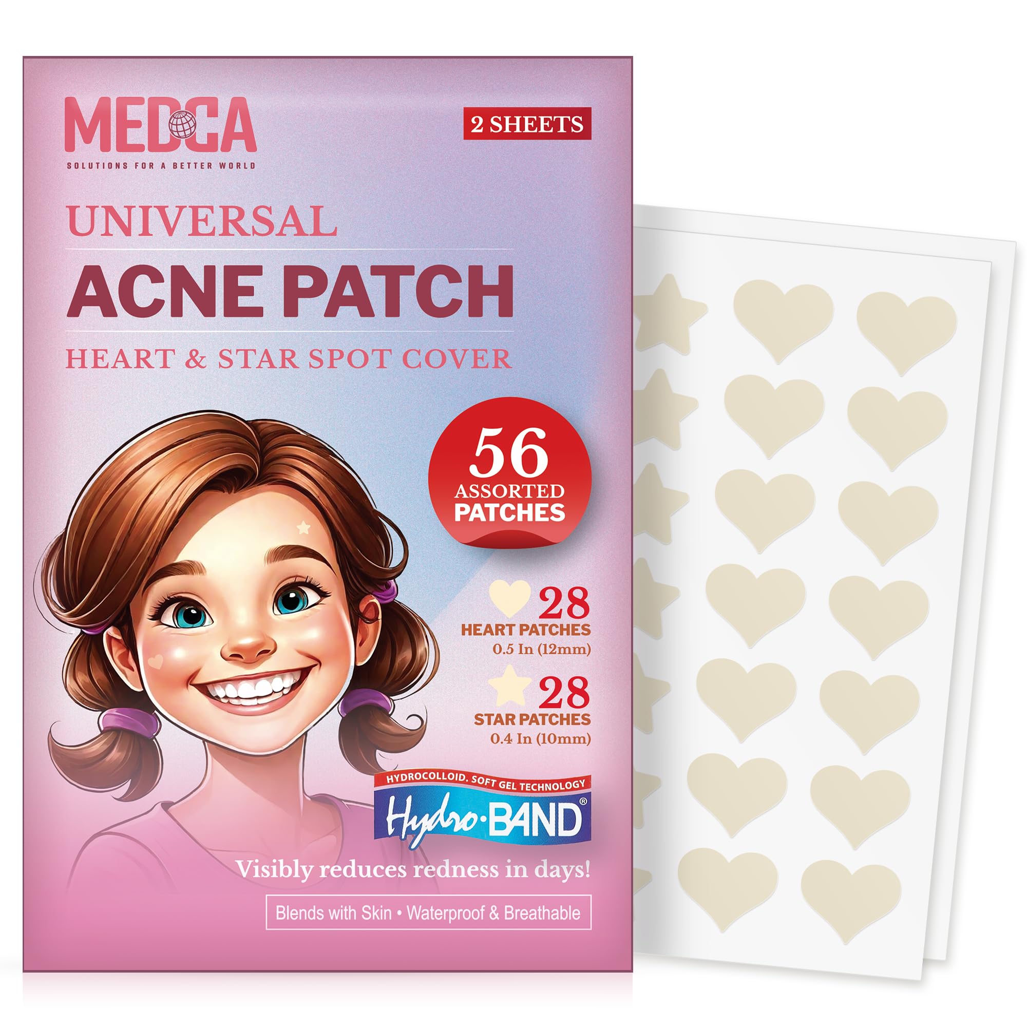 Acne Patch - (Pack of 56) Pimple Spot Treatment Hydrocolloid Bandages Absorbing Zit Cover Dots, Heart And Star Shapes by MEDca
