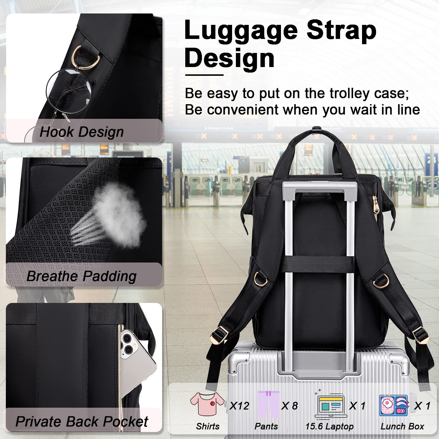 Weitars Lunch Backpack For Women,15.6 Inch Laptop Backpacks For Womens Back pack, Travel Backpacks,Work Backpack For Women (Black)