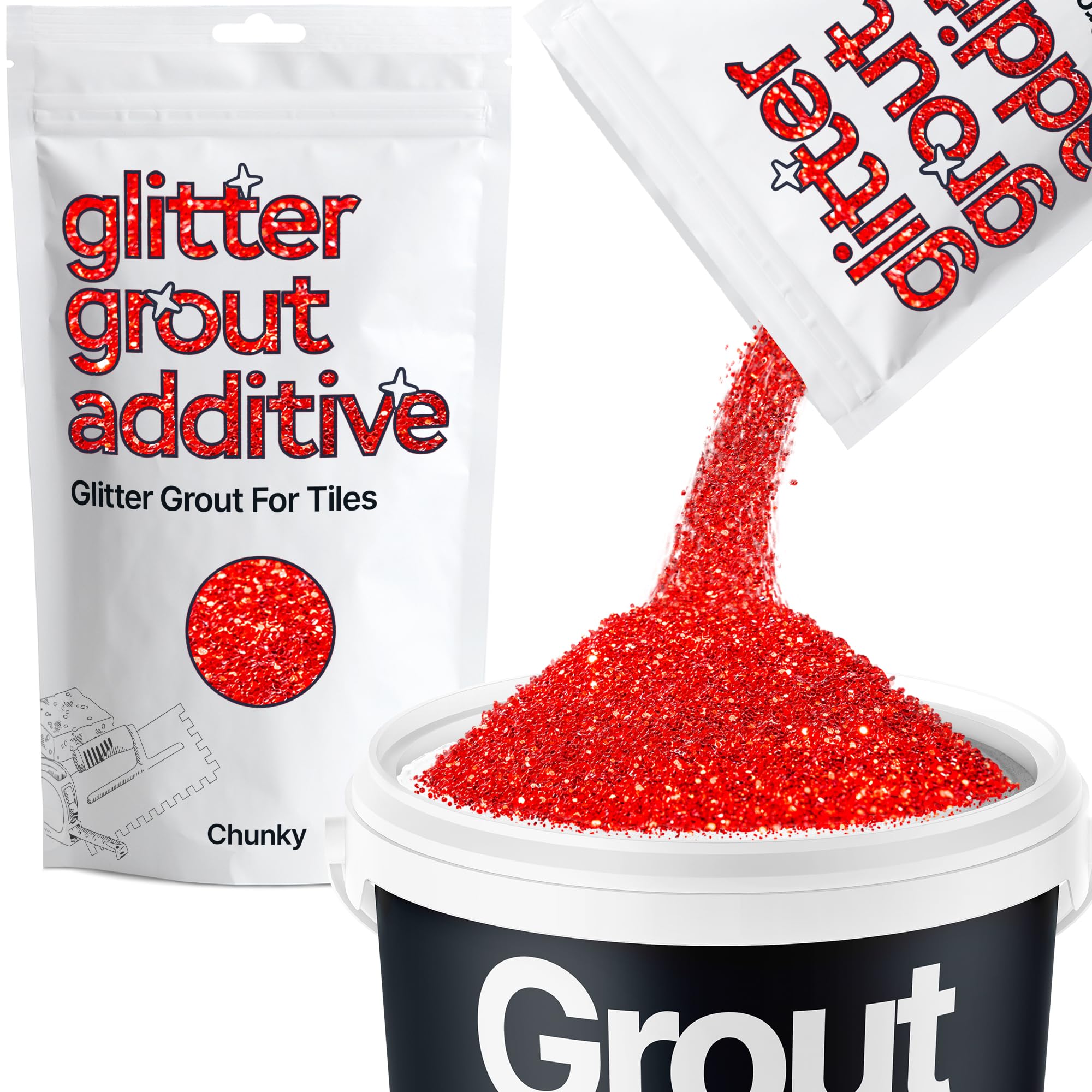 Hemway Red Glitter Grout Additive Chunky 100g Metallic Flakes for Adding Sparkle to Kitchen & Bathroom Tiles | Enhance Your Indoor Grouting Projects with a Durable Sparkly Effect