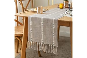 ZeeMart Farmhouse Table Runner, Rustic Table Runners 60 Inches Long, Linen Boho Table Runner, Braided Striped Coffee Table Runner for Dining Party Holiday, 14x60 Inches, WideHollow Pale Taupe