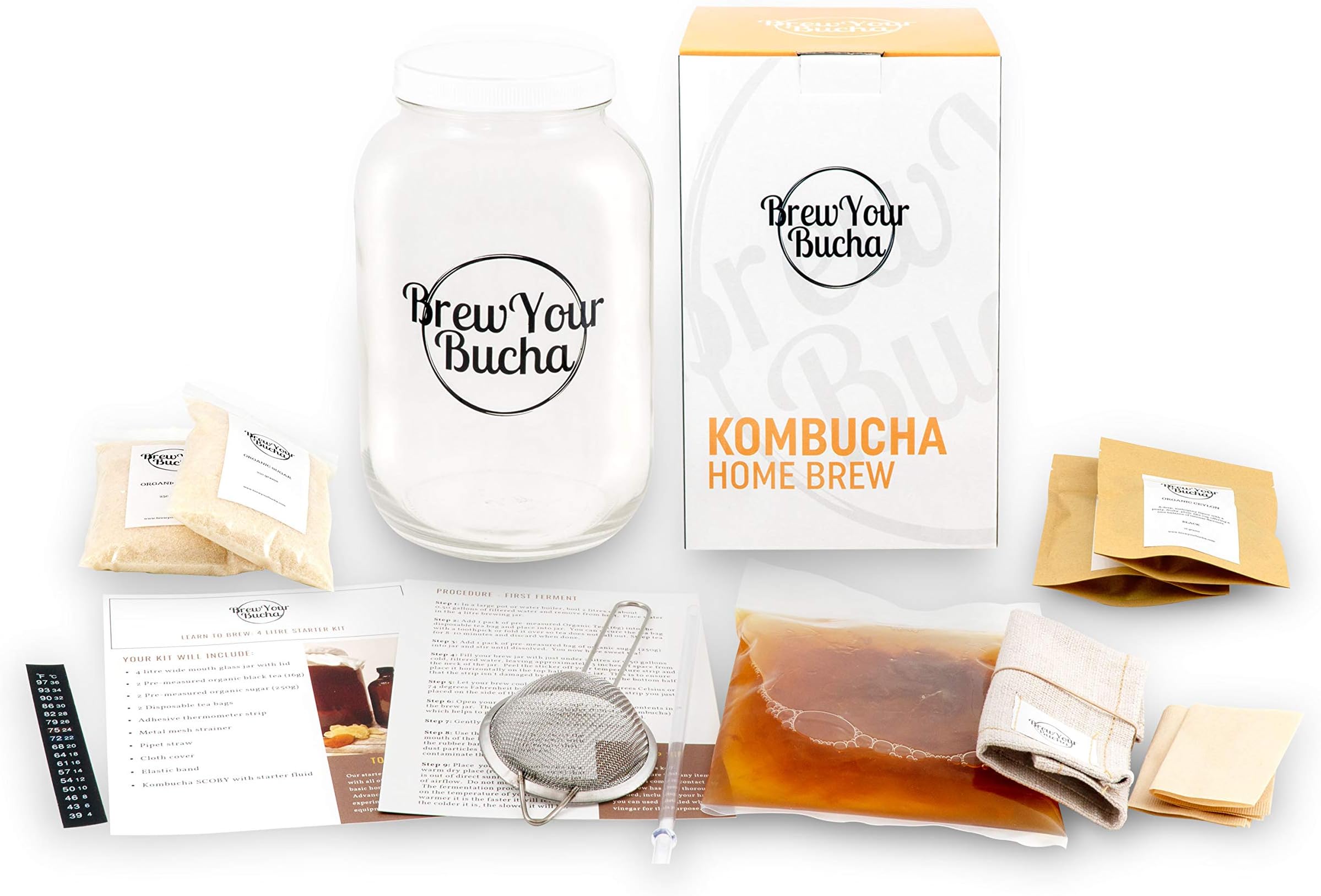 Complete 1 Gallon Kombucha Brewing Starter Kit for 2 Brews. With Instructional Videos, Recipes, Blog, and Amazon's Top Rated SCOBY Starter Culture