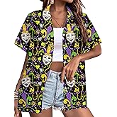 Mardi Shirts for Women Carnival Fat Tuesday Button Down T-Shirt New Orleans Party Gift Short Sleeve Tee Tops