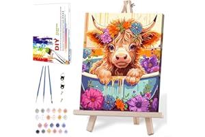 MIRCVSH Framed and Easel Cow Flower Paint by Numbers Kit for Adults, DIY Highland Cow Paint by Numbers for Adults on Canvas, Color Box Packaging Gift 12x16 inch