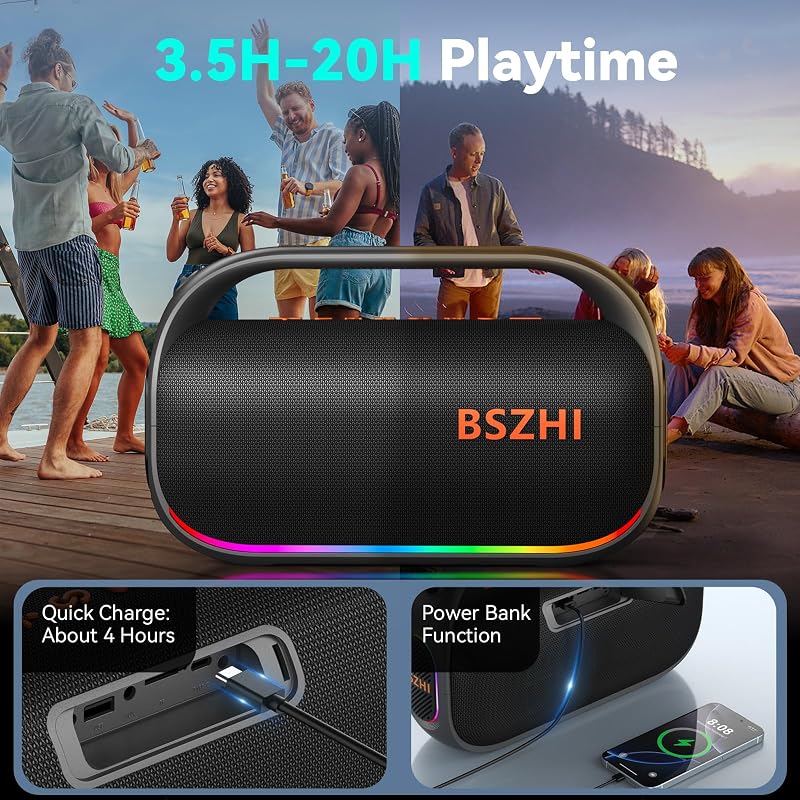 Coluna Bluetooth de 80W (120W de pico), potente, portátil, IPX6 à prova de água, sem fios, TWS, ao ar livre, para festas, viagens e campismo na praia, com luz, BT5.0, cartão USB/TF, AUX.