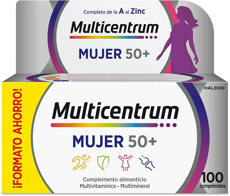Multicentrum woman 50+ suplemento alimentar multivitamínico e multimineral para mulheres com mais de 50 anos, pós-menopausa, com cálcio, vitamina c e b, sem glúten, 100 comprimidos