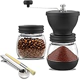 Meg & Mello Manual Coffee Grinder with Ceramic Conical Burr Mill. Infinitely Adjustable Grind, Two Glass Jars, Cleaning Brush