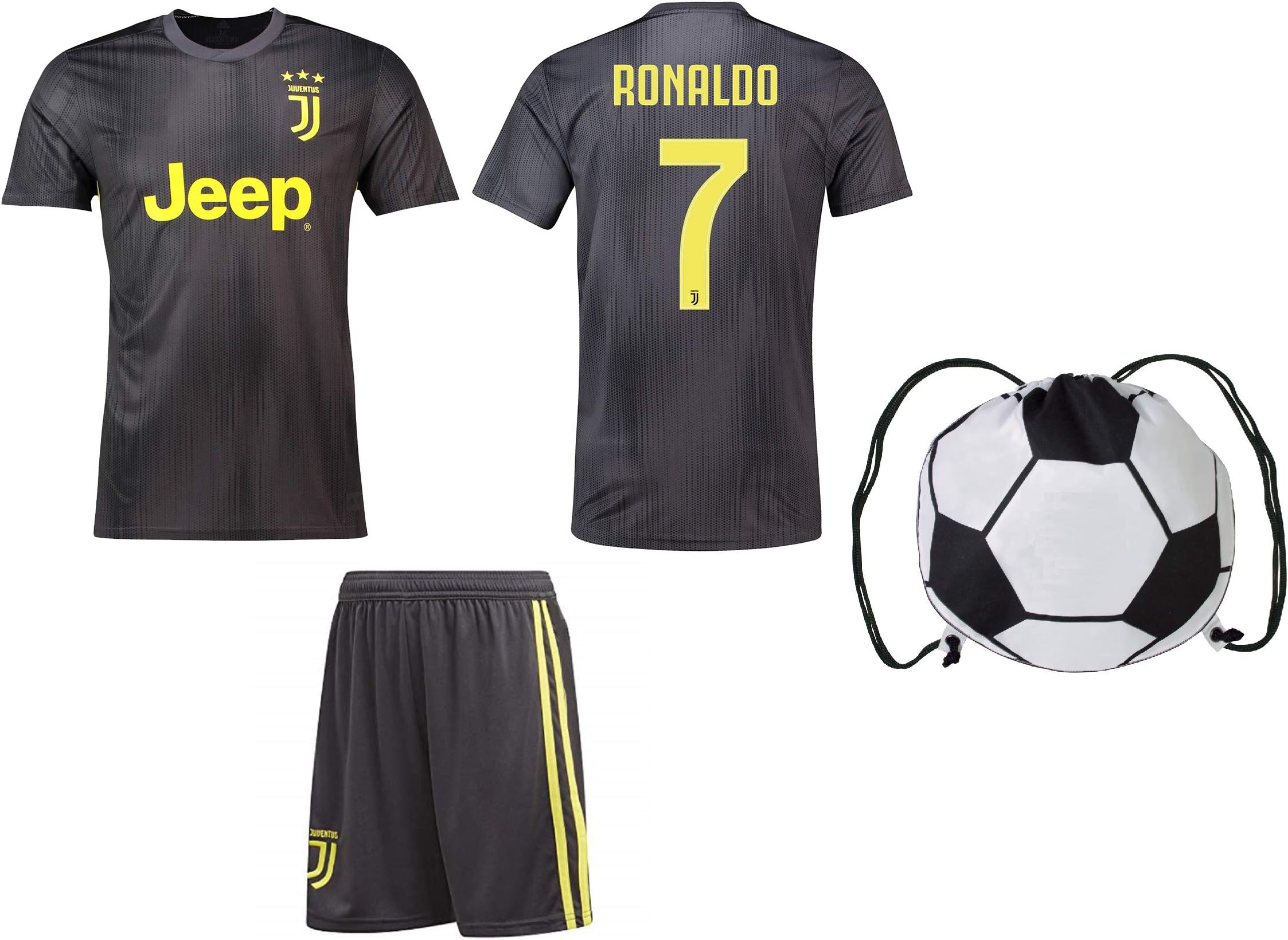 Cristiano Ronaldo Juventus #7 Youth Soccer Jersey Away Short Sleeve Shorts Kit Kids Gift Set