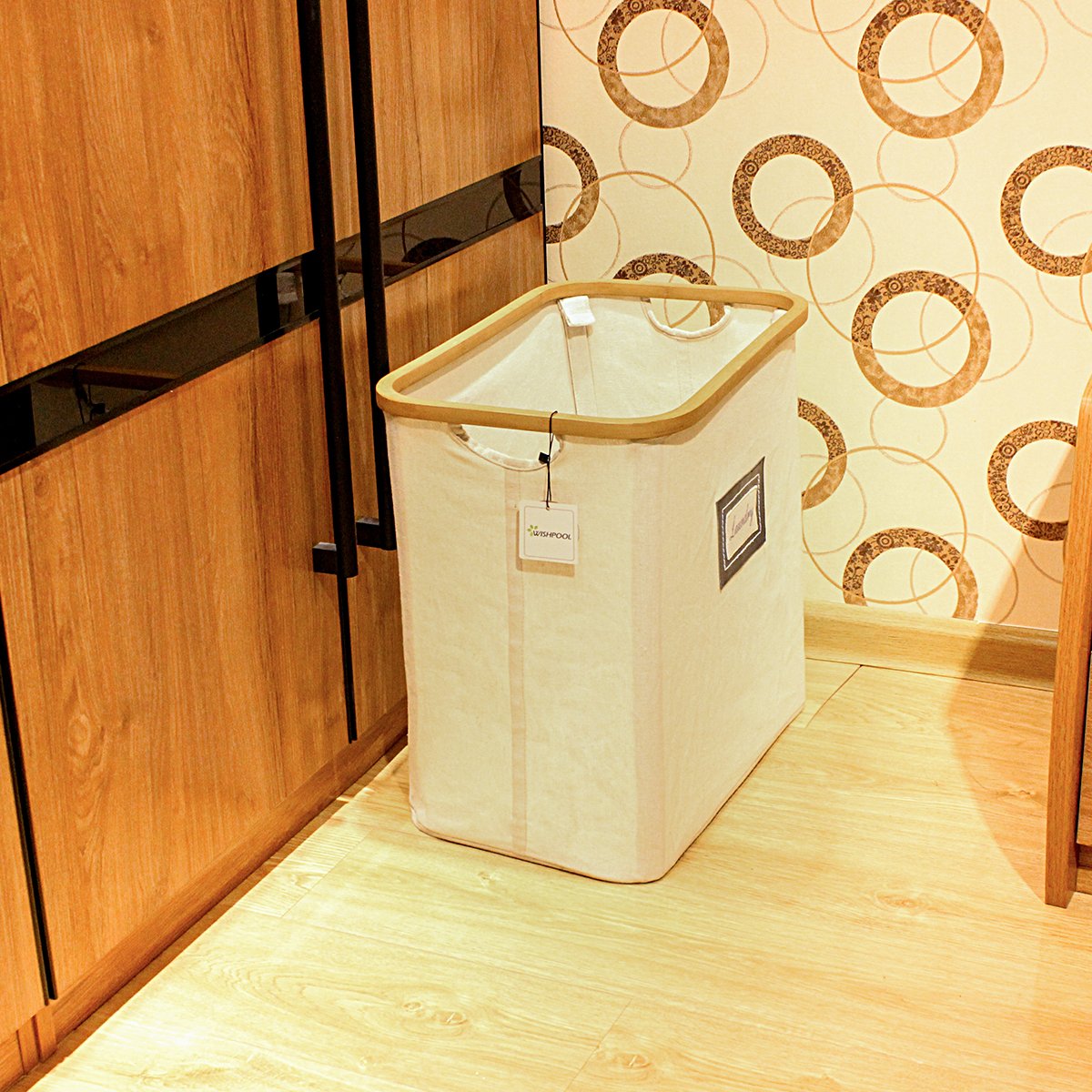 WISHPOOL Bamboo&Canvas Laundry Hamper Baskets Foldable Storage Cube Bin Cut Out Handles For Home Laundry Closet 18 W x 11 D x 16.5 H (inch)