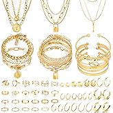 CHICUTIE Gold Jewelry Set For Women,14k Gold Plated Multi Layer Necklaces Bracelets Hoop Earrings Set Stackable Knuckle Rings, Trendy Elegance Charms Non Tarnish Minimalist Textured Boho Jewelry Gift