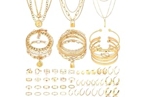 CHICUTIE Gold Jewelry Set For Women,14k Gold Plated Multi Layer Necklaces Bracelets Hoop Earrings Set Stackable Knuckle Rings, Trendy Elegance Charms Non Tarnish Minimalist Textured Boho Jewelry Gift