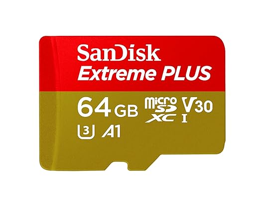 SanDisk Extreme PLUS 64 GB microSDXC Speicherkarte + SD-Adapter bis zu 100 MB/Sek, Gold/Rot, Class 10, U3, V30, A1
