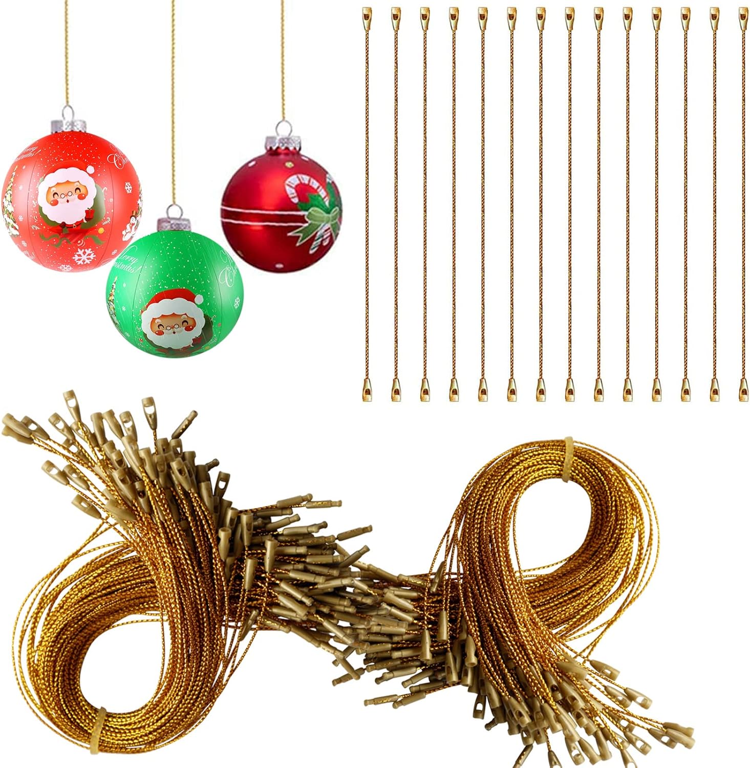 Ornament Hooks - Jeymei 200Pcs Christmas Ornament Hooks Gold String Hanger with Snap Locking Metallic String for Christmas Valentine's Day Party Hanging Ropes