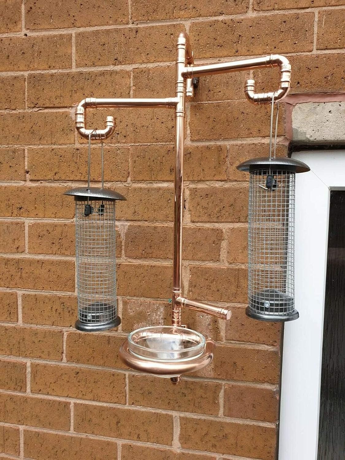 Handmade copper bird feeding station comes with glass bird bath, made from 15mm copper pipe