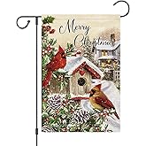 Merry Christmas Garden Flag Cardinal Red Bird House Welcome Winter Flags 12x18 Inch Double Sided Burlap Snow Banner for Winter Holiday Xmas Yard Outdoor Decoration(ONLY FLAG)