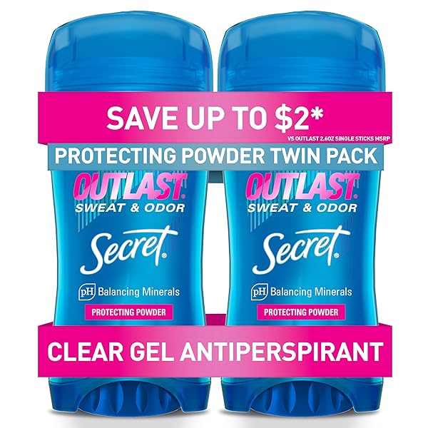 SECRET OUTLAST ANTIPERSPIRANT DEODORANT FOR WOMEN, 72HR SWEAT & ODOR PROTECTION, PH BALANCING MINERALS, CLEAR GEL, PROTECTING POWDER SCENT, 2.6 OZ (PACK OF 2)