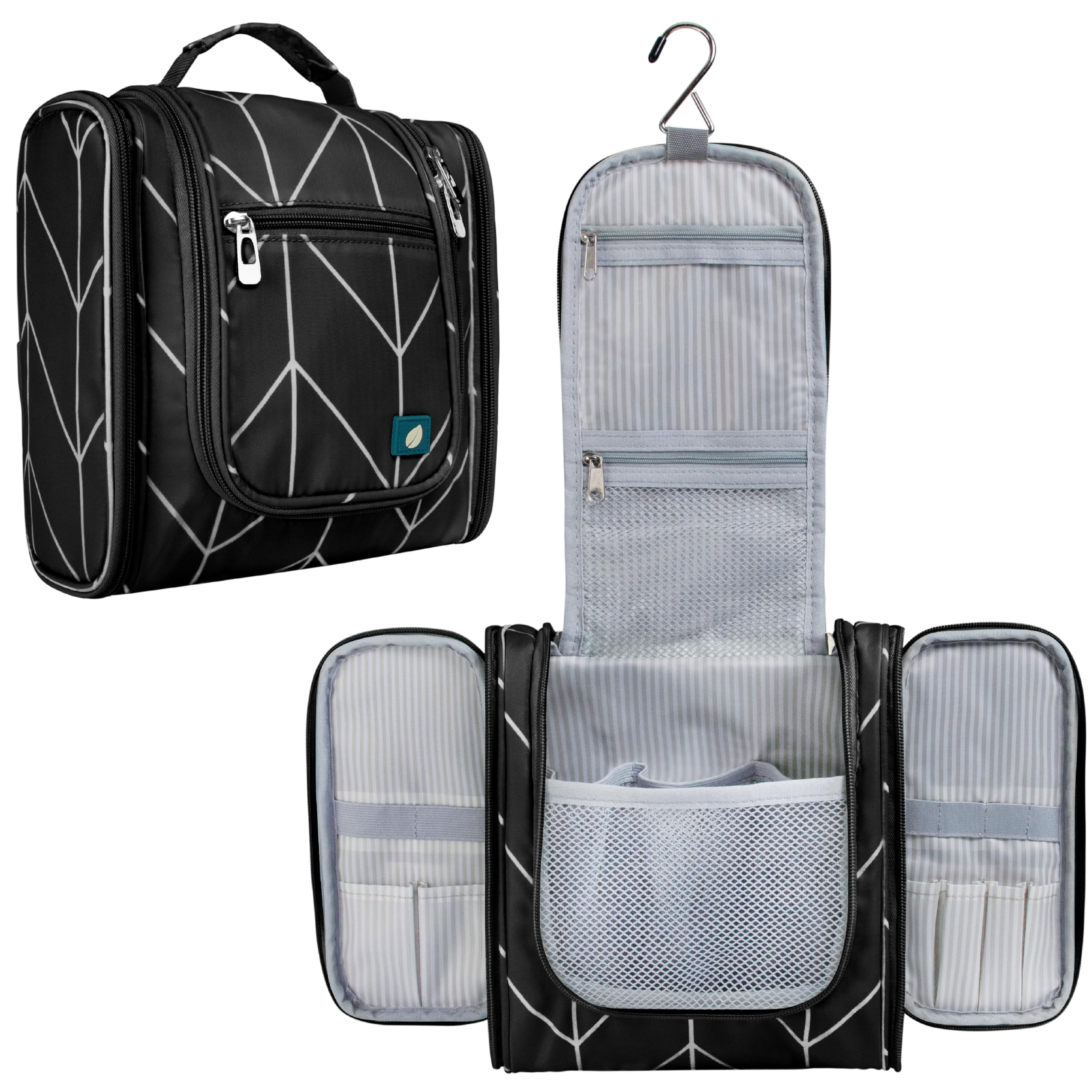 Photo 1 of PAVILIA Toiletry Bag Travel Bag for Women Men, Hanging Cosmetic Organizer, Water Resistant Makeup Bag for Accessories Toiletries, Large Travel Essentials Kit (Black Chevron)