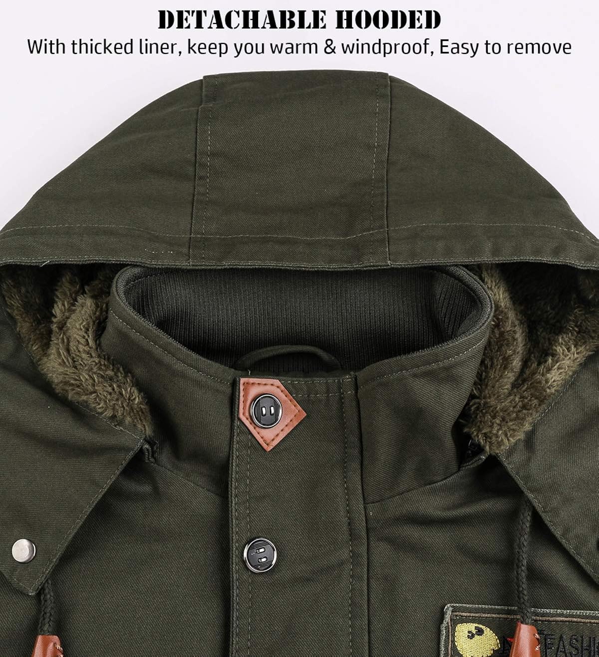 CARWORNIC Men's Winter Warm Military Jacket Thicken Windbreaker Cotton Cargo Parka Coat with Removable Hood: Clothing